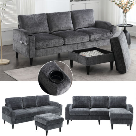 Canapé élégant avec des pieds et de l’espace de rangement. 4 places. Des accoudoirs confortables. Des étagères pour les boissons. Des compartiments latéraux. (1/5)