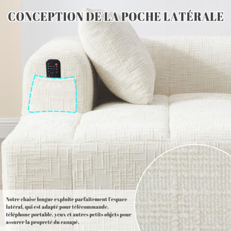 Chaise-longue confortable, sans besoin de montage. Canapé doux avec des coussins. Pochettes latérales pour la télécommande et le téléphone portable. Très bien rangé et élégant. Couleur beige. (1/5)