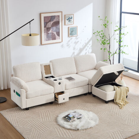 Grand canapé en cuir, avec mousse confortable. Caractéristiques : console centrale détachable (2 supports pour bouteilles + espace de rangement), prise USB-C, compartiment sur le côté, tiroir de range (1/5)