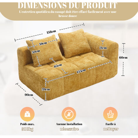 Canapé confortable pour 2 personnes. Pas besoin de montage particulier. Canapé moelleux, avec un coussin. Des poches latérales permettent d’accueillir une télécommande ou un téléphone portable (1/5)