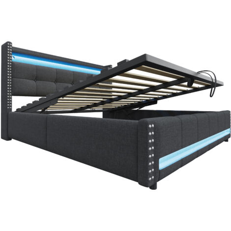 Lit double rembourré en tissu, doté d'un espace de rangement sous le lit et d'un port de charge USB Type-C, équipé d'un système de rangement à vérins hydrauliques et d'un éclairage LED intégré (1/5)