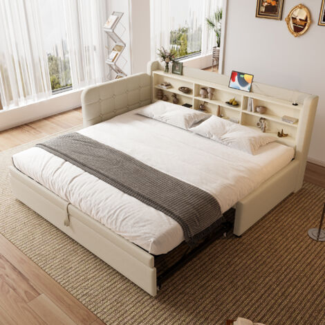 Lit de 90×200 cm (180 × 200 cm), lit de jour, canapé-lit multifonctionnel. Il est équipé d’un système USB + Type C. De nombreuses zones de rangement sont disponibles. Le lit dispose d’un sommier (sans (1/5)