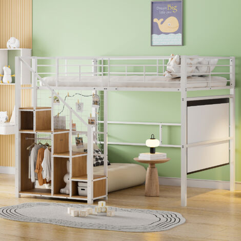 Lit haut de plafond avec échelle de sécurité de 140×200 mm. Lit pour enfants avec cadre en fer et surface de rangement. Lit pour adolescents, en couleur blanche. (1/5)