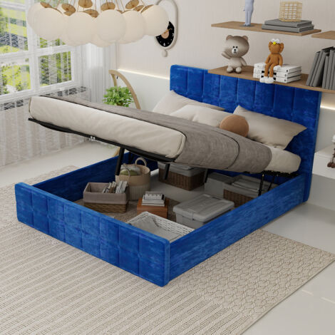 Lit recouvert de velours doux et moelleux, avec un tête de lit en velours bleu. Design moderne pour le lit à coucher. Il offre également des espaces de rangement. Conforme aux dimensions du matelas : (1/5)