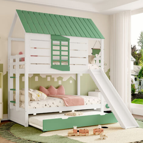 Lit sur pied de 90x200 cm, avec un espace pour les jouets et un lit qui peut être retiré. Couleur : blanc + vert. (1/5)