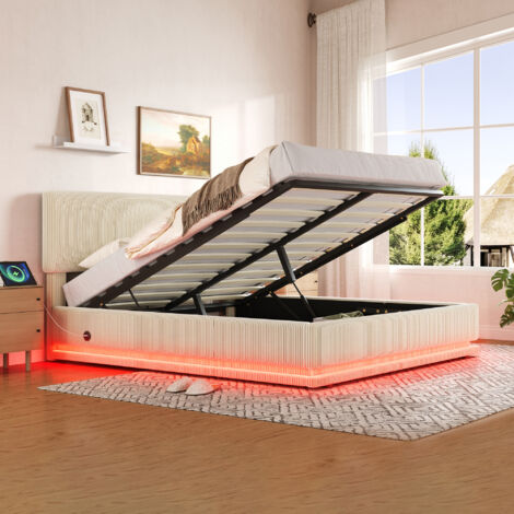 Ce lit au style moderne est fourni avec un matelas et des coussins il intègre un éclairage LED ainsi que des fonctionnalités de recharge USB-C. Sa tête lit est réglable en hauteur. Il offre un vaste (1/5)