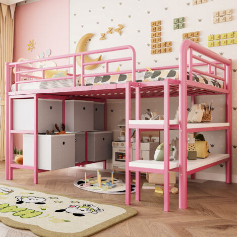 Lit pour enfants de 90x200 cm, lit métallique avec espace de rangement. Le lit dispose d’une échelle large, des coins arrondies, ainsi que des tiroirs et des étagères pour un organisation efficace  Co (1/5)