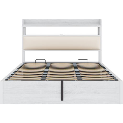 Lit de rangement multifonctionnel de style nordique — Doté de tiroirs sous le lit et d'une tête de lit rembourrée avec compartiments de rangement Lit double, mobilier de chambre (1/5)