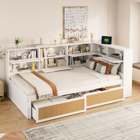 Lit tout-en-un en bois massif de dimensions 90×200, avec un tiroir. Lit individuel multifonctionnel pour enfants, doté de nombreux compartiments à rangement et d’un système de chargement pratique. Cou (1/5)
