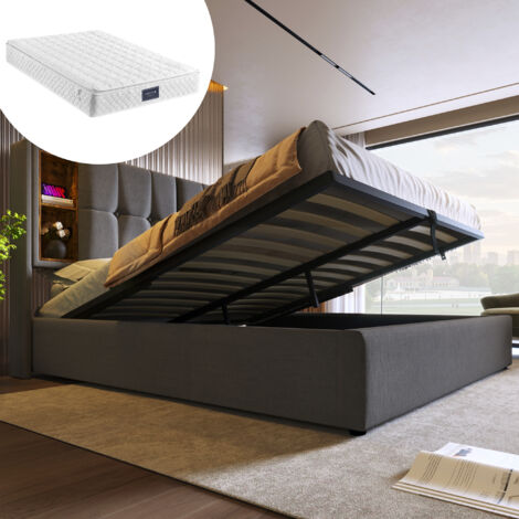 Lit double (matelas inclus). Dimensions du cadre de lit : 160 x 200 cm. Le cadre de lit intègre un espace de rangement intérieur. Le matelas est revêtu d'une toile grise. (1/5)