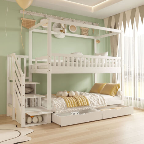 Lit étagé pour enfants, dimensions : 90×200 cm. Lit en bois massif, forme ronde. Disponible en blanc. Conçu pour les garçons et les filles. Il comprend également un espace de stockage et une échelle d (1/5)