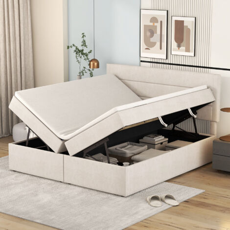 Lit double minimaliste de style nordique : robuste, durable et polyvalent — doté d'un cadre pliable extra-large avec espace de rangement sous le lit (1/5)