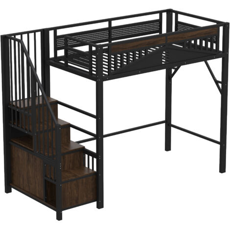 Lit mezzanine 90 x 200 cm avec fenêtre, escalier et armoire de rangement, lit de jeu fonctionnel en métal avec protection antichute et sommier à lattes pour enfants, noir (1/5)