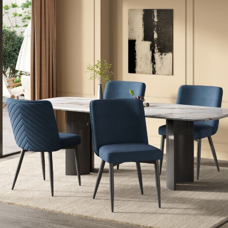 4 chaises de salle à manger. Confortables et respirantes. Idéales pour les salles à manger, les séjours, les cafés, etc. Style moderne. Matériau en velours. Couleur bleu foncé. (1/5)
