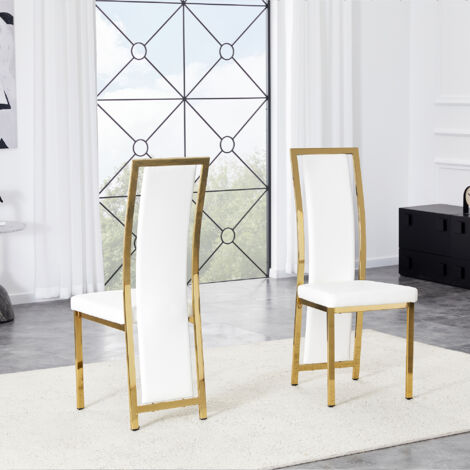 [2e Set] Chaises de séjour minimalistes européennes, avec des bordures en or. Cuir en PU blanc + cadre métallique brillant, hauteur : 109 cm. Idéales pour diverses utilisations : salons de réception,  (1/5)