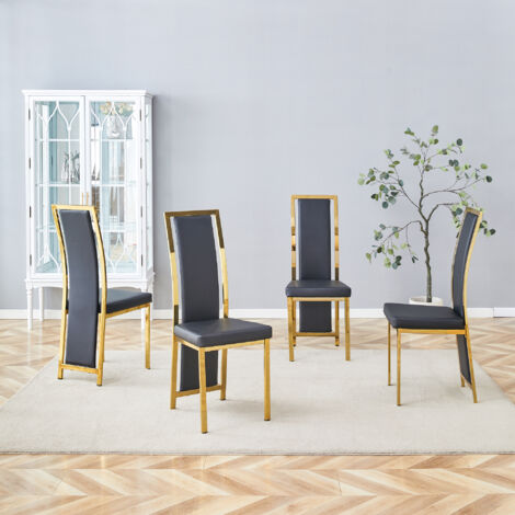 [4er set] Chaises de séjour minimalistes européennes, avec des bordures en or. Cuir noir à la finition PU + cadre métallique brillant. Hauteur : 109 cm. (1/5)