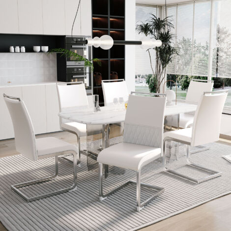 Chaises de salle à manger modernes, ensemble de 6 pièces. Le dossier est fait de cuir synthétique et de lin. Le dos est rembourré. Design moderne pour les chaises destinées aux salles à manger (1/5)