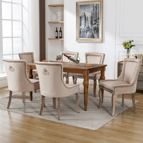Fauteuil de séjour luxueux (fauteuil pour la cuisine ou le salon, 6 pièces). Fauteuil avec accoudoirs en métal. Pieds en bois massif. Revêtement en velours beige. (1/5)