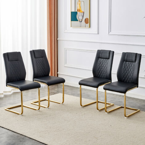Chaises de salle à manger scandinaves en cuir PU noir (4 pièces par boîte). Elles sont dotées d’un dossier en forme de toile, de pieds métalliques brillants et antidérapants. (1/5)