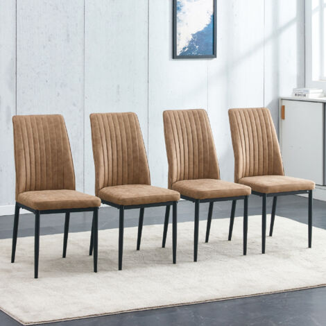 Set de chaises en tissu brun à 4 pièces : pieds métalliques noirs, design avec motifs horizontaux. Ces chaises créent une atmosphère chaleureuse dans la salle à manger. (1/5)