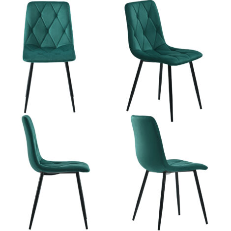 Fauteuil de salle à manger (4 pièces), couleur vert foncé. Set de 4 chaises. Design moderne. Chaise en velours. Assise en velours. Structure métallique. Pieds en métal. (1/5)