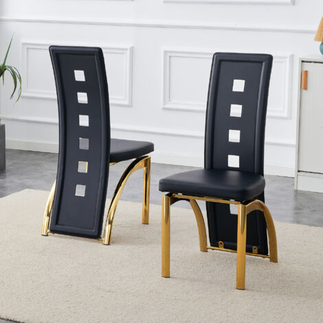 [2e set] Chaises de style européen pour les salons, avec motif en trous. Matériau du coussin : cuir noir  structure métallique de couleur dorée. Hauteur : 102,5 cm. (1/5)