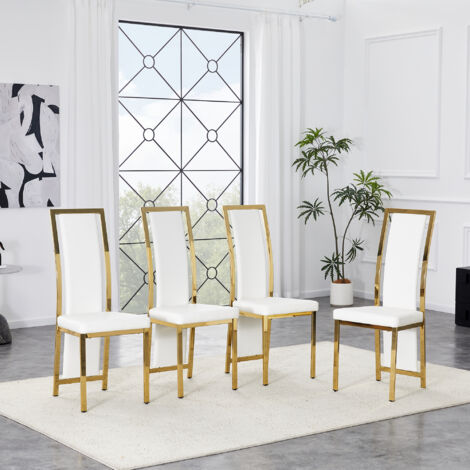 [4er Set] Chaises minimalistes européennes, avec des bordures en or. Cuir en PU blanc + cadre métallique brillant à l’or. Hauteur : 109 cm. Idéales pour diverses utilisations : salons de réception, bu (1/5)