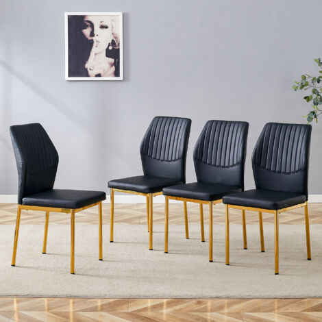 [4er set] Des chaises de salle à manger élégantes, dans un style légèrement luxueux : dossiers en PU noirs avec des motifs horizontaux  pieds métalliques dorés. (1/5)