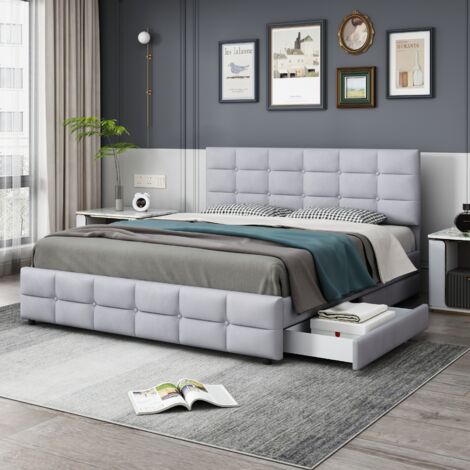 Lit double de 180 x 200 cm. Lit avec 4 tiroirs, sommier et assise du lit. Lit doux pour les adultes et les jeunes, fabriqué en tissu velours. Couleur gris. Le matelas n’est pas inclus dans le lit. (1/5)