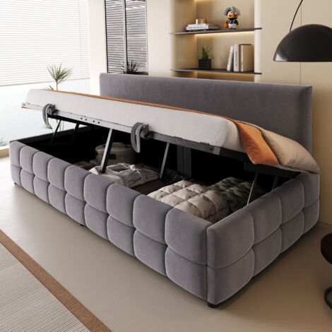 Lit coffre de 90×200 cm, avec espace de rangement hydraulique. Hémisphère sans accoudoirs. Même sur le bord inférieur du lit, on trouve un motif carré classique. Lit multifonctionnel. Tissu : gris fon (1/5)
