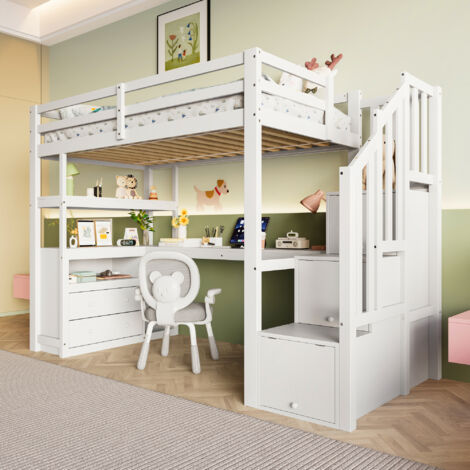 Lit mezzanine 90 x 200 cm, combiné lit et bureau, échelle avec rangements, deux tiroirs, blanc (1/5)