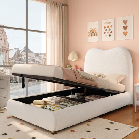 Lit 90x200 cm pour enfants avec sommier hydraulique. Structure en bois, dessus-de-lit et grand rangement. Revêtement en tissu bouclé. (1/5)