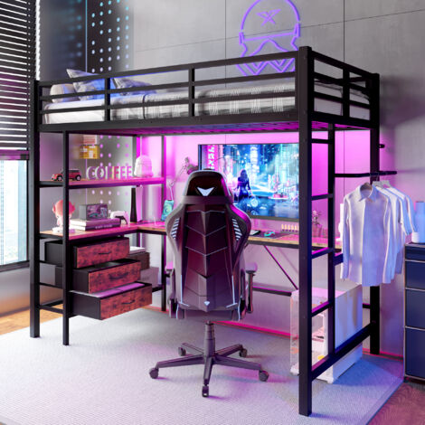 Lit 90×200 cm avec écrans LED, bureau, prise électrique et port USB. Comprend 3 tiroirs et étagères. Structure fonctionnelle, sans matelas. (1/5)
