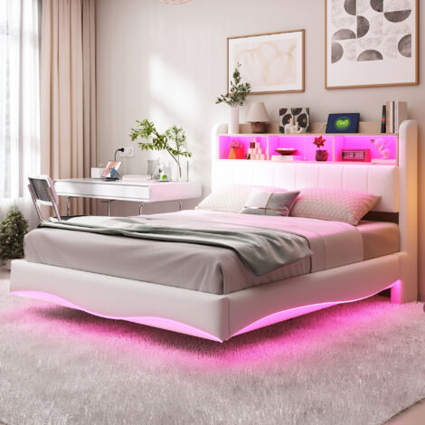 Design suspendu : lit de repos de 140×200 cm, confectionné en tissu de lin. Lit polyvalent, doté d’une lumière LED, ainsi que de ports USB et Type-C. Couleur beige. (1/5)