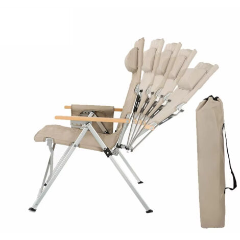 Chaise camping pliable 5 positions beige avec appui-tête et poche latérale, dossier réglable, structure aluminium, chaise extérieur pour plage jardin camping, confortable (1/5)