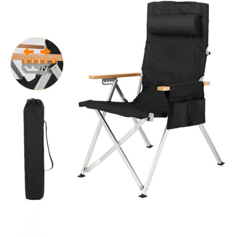 Chaise camping pliable 5 positions avec oreiller et poche latérale, chaise pêche réglable portable, idéale jardin patio camping, légère et confortable noir (1/5)