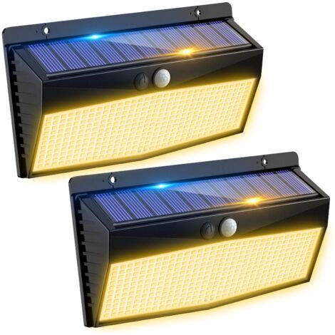 Lot de 2 lampes solaires d'extérieur avec détecteur de mouvement, applique murale solaire 368 LED, 3 modes, étanches IP65. Blanc chaud (1/5)