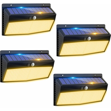 Lot de 4 lampes solaires d'extérieur avec détecteur de mouvement, 368 spots LED, étanchéité IP65, blanc chaud (1/5)