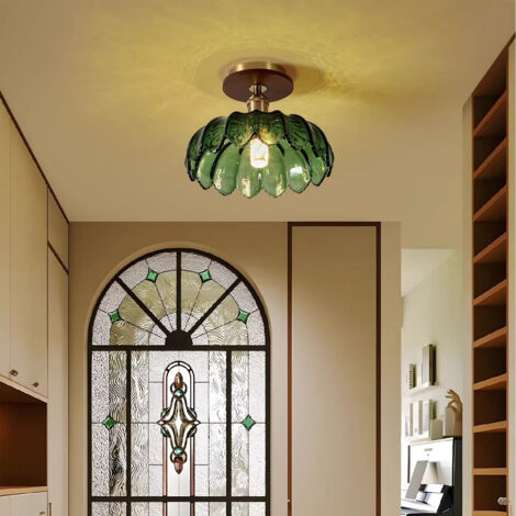 Plafonnier LED, plafonnier en verre vert, douille E27, idéal pour balcons, salons et éclairage décoratif (ampoule non incluse) (1/5)