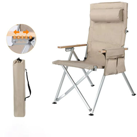 Lot 2 chaises camping pliables 5 positions avec oreiller et poche, chaise pêche portable robuste, idéale patio plage pique-nique, confortable et pratique beige (1/5)