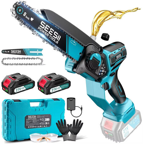 Mini tronçonneuse sans fil 21V brushless avec 2 batteries, chargeur et mallette, graissage automatique, scie électrique portable, élagage bois, usage jardin professionnel (1/5)