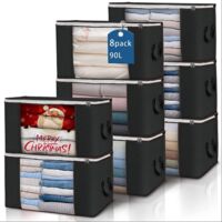 Lot de 8 bacs de rangement pour vêtements pliables pour placards avec poignées durables en tissu épais pour couverture, couette, literie, 90 l (noir)