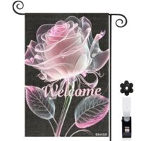 Drapeau de jardin Welcome et rose rose lumineuse 30 x 45 cm décoration cour et balcon