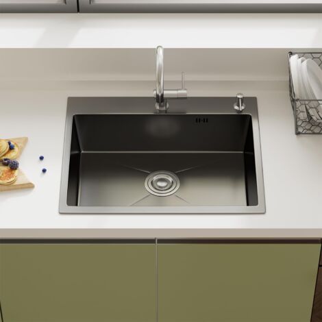STANEW Lavello da cucina con 1 vassoio 50 x 45 cm, lavello da incasso, fori per rubinetti e dispenser di sapone, grigio pistola