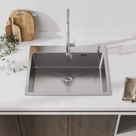 STANEW Lavello da cucina con 1 vassoio 50 x 45 cm, lavello da incasso, fori per rubinetti e dispenser di sapone, argento