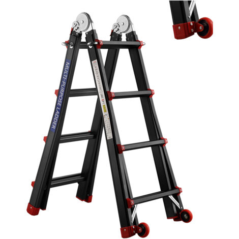 STANEW Scala in alluminio Scala Multiuso 4 m 4x4 Pioli Scala Telescopica con ruote Multifunzionale  Pieghevole  Singola Fissa Scala scorrevole  Scaletta e Bifacciale (4 m / 4x4 pioli Nero/Rosso)