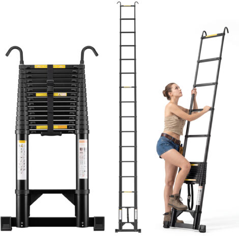 STANEW Scala Telescopica 6,2 m in Alluminio, con Barra Stabilizzatrice, Ganci Staccabili e Rinforzo Triangolare alla Base, Scala Pieghevole Portatile per riparazioni domestiche, Carico 150 KG, Nero