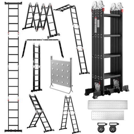 STANEW Scala Multiuso in Alluminio 4,7 M, Scala Articolata Pieghevole Multifunzione Alluminio 4 x 4 Gradini con Mensola, Piattaforma, 2 Ponteggi, Nero