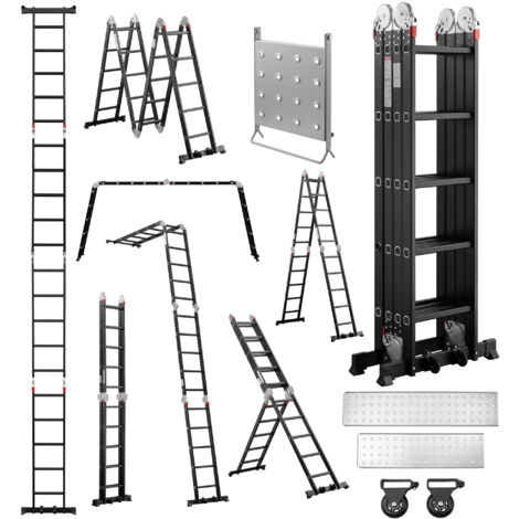 STANEW Scala Multiuso in Alluminio 5,8M, Scala Articolata Pieghevole Multifunzione Alluminio 4 x 5 Gradini con Mensola, Piattaforma, 2 Ponteggi, Nero
