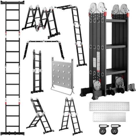 STANEW Scala Multiuso in Alluminio 3,6 M, Scala Articolata Pieghevole Multifunzione Alluminio 3 x 4 Gradini con Mensola, Piattaforma, 2 Ponteggi, Nero